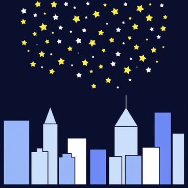 A cityscape featuring tall buildings and skyscrapers. Above the city, a sky filled with numerous stars that appear to be pouring down like rain. The stars are bright yellow and white, creating a shimmering effect as they cascade towards the ground. The buildings in the city reflect some of the light, adding a soft glow to their structures. The scene captures the contrast between the dark night sky and the illuminated city below.