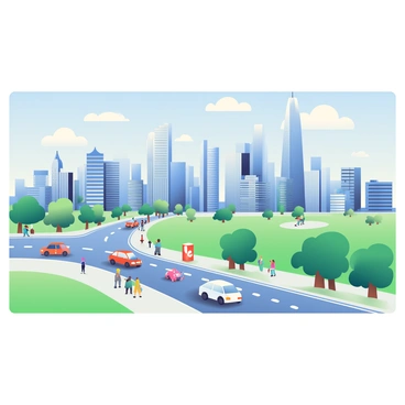 An expansive cityscape is stretching across the illustration board, viewed from a high vantage point. The skyline features a variety of skyscrapers with reflective glass windows and modern architectural designs. In the foreground, there is a bustling street filled with tiny cars and pedestrians moving along the sidewalks. Lush green parks can be seen interspersed among the buildings, providing bursts of nature within the urban environment. Fluffy clouds drift in the clear blue sky above, adding depth to the scene.