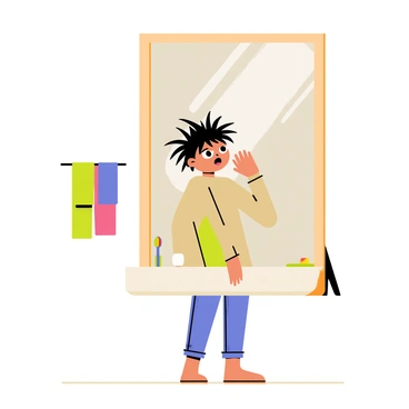 A person looking in the mirror with wild hair, realizing it's a bad hair day.
