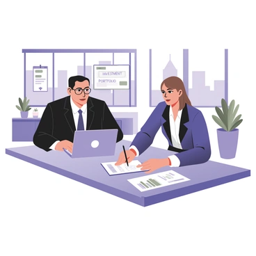 A financial advisor is sitting at a sleek glass table in a modern office. He is wearing a dark suit and glasses, looking intently at a laptop screen displaying an "investment portfolio." Next to him, a businesswoman is engaged in the discussion, wearing a navy blazer and white blouse. She has shoulder-length brown hair and is holding a notepad and pen, taking notes. The office features large windows with a city skyline visible in the background, and a potted plant on the side. On the table, there are also printed documents with graphs and charts related to investments.