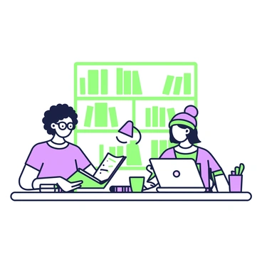Two students are sitting at a library table, focused on their studies. One student is wearing glasses, has curly hair, and is reviewing a textbook while taking notes in a notebook. She has a laptop open in front of her, displaying a document. The other student has straight hair, wears a beanie, and is working on a laptop, typing intently. Between them, there are scattered papers, a pencil case, and a cup filled with green and purple markers. Bookshelves filled with books form the background, and a table lamp casts a warm light over their workspace.