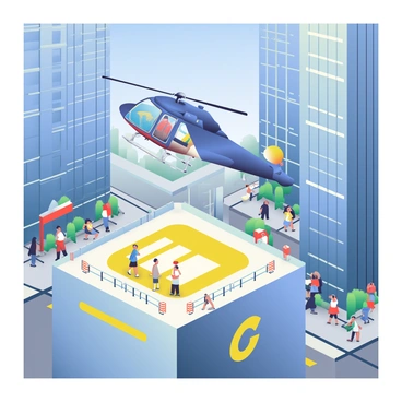 An R66 helicopter with a sleek design is descending towards a rooftop helipad. The helicopter is painted in a vibrant blue color with white accents. Below, the busy urban area is filled with tall buildings made of glass and steel, reflecting the sunlight. People can be seen on the streets, some looking up at the helicopter while others continue with their daily activities. The rooftop helipad is marked with a large yellow "H" symbol, and there are barriers and safety lights surrounding the landing area. The sky is a clear blue, adding to the dynamic atmosphere of the scene.