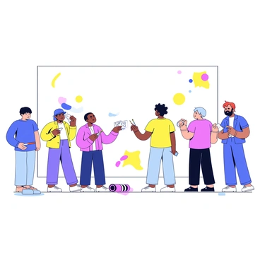 A group of male artists is gathered together in front of a large blank wall, preparing to paint a mural. Each artist is holding different tools such as paintbrushes and spray cans. They are actively discussing and sharing ideas while gesturing towards the wall. Some artists are sketching plans on a notepad, while others are mixing vibrant colors on a palette. There are paint splotches on the ground, and a few colorful splashes are already visible on the wall. The atmosphere is filled with creativity and teamwork as they plan their collaborative artwork.