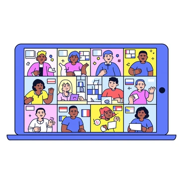 A virtual meeting screen displays a diverse group of people from different parts of the world. Each participant is in their own individual square, showcasing their unique backgrounds and environments. Some are seated in cozy home offices, while others appear in colorful cafes or libraries. Each person is engaged in conversation, with animated expressions and thoughtful gestures. There are various flags from different countries displayed subtly in the backgrounds, adding to the global theme. The screen is filled with a mix of clothing styles reflecting different cultures.