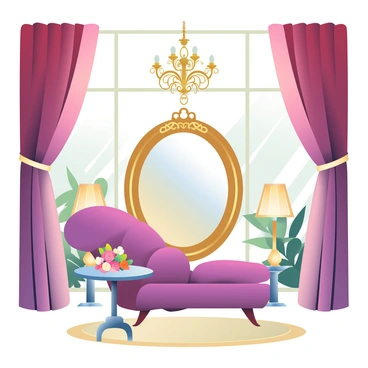 A luxurious boudoir setting features silky drapes in rich, deep hues elegantly framing large windows. Soft lighting emanates from ornate lamps on either side of a plush, velvet chaise lounge. The room is adorned with a large, vintage mirror reflecting delicate gold accents and an opulent chandelier hanging from the ceiling. A round, intricately designed table holds a bouquet of fresh flowers, and a soft, textured area rug covers the polished wooden floor. A cozy, inviting atmosphere envelops this exquisite space.