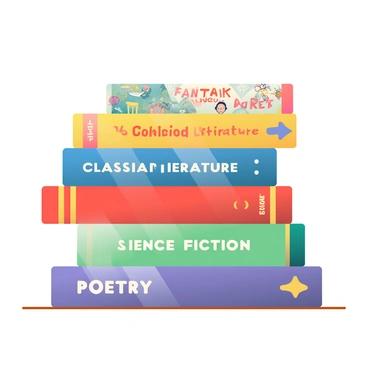 A colorful stack of books with each spine showing different genres