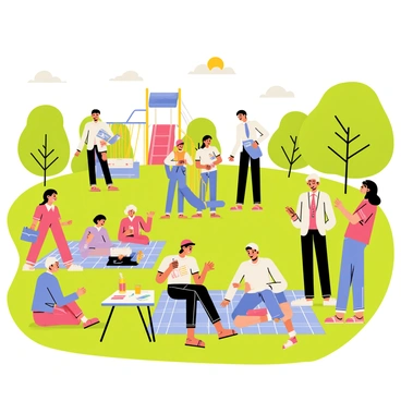 A park with green grass and vibrant trees filled with people of different ages and backgrounds. A group of children is playing near a colorful playground while adults sit on picnic blankets sharing stories. Some individuals are standing and engaging in animated discussions. A small table is set up with pamphlets and refreshments, inviting others to join in. Nearby, an elderly couple is laughing while a young person takes notes, capturing the shared ideas. In the background, a sunny sky with fluffy clouds enhances the lively atmosphere of the gathering.
