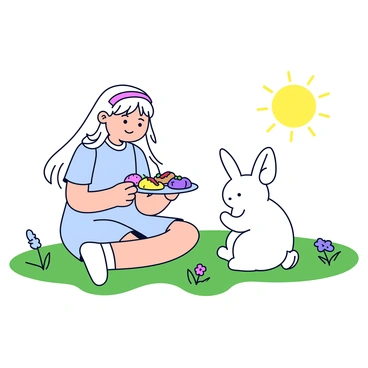 A character named "Hermine" sits on a patch of green grass in a meadow. She has long, flowing hair and is wearing a light blue dress. Next to her, a curious white rabbit with large ears is sitting upright, looking at her. Hermine is holding a small plate with an assortment of colorful snacks, including bright fruits and small pastries. The sun is shining, and there are a few wildflowers scattered around the grassy area.