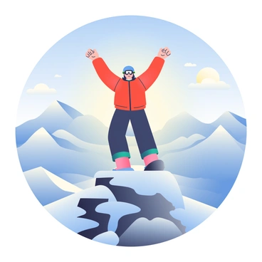 A climber with a red jacket and black pants is standing triumphantly at the peak of a snowy mountain. The climber's arms are raised in victory, and they are wearing a blue helmet and goggles. The mountain top is covered in a thick layer of snow, with rocky outcrops visible beneath. In the background, a vast expanse of snowy peaks stretches into the distance, with a clear blue sky overhead. The sun is shining brightly, casting shadows on the snow, and the scene captures the vastness of the landscape below.