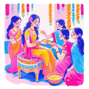 A bride is seated on a beautifully decorated stool adorned with intricate floral patterns. She is dressed in a vibrant lehenga with gold embroidery. Her long hair is styled in braids and embellished with fresh jasmine flowers. Her face is lit up with a joyful smile as a group of family members gathers around her. One person is gently applying haldi, a bright yellow paste, to her arms and face using a small bowl. Colorful marigold garlands hang in the background, adding to the festive atmosphere.