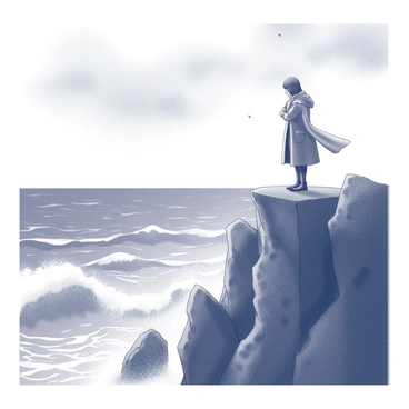 A solitary figure stands on the edge of a rugged cliff. The figure is dressed in a long coat that billows slightly in the strong wind. They have their head bowed, and their posture suggests deep contemplation and anguish. The sea below is turbulent, with large waves crashing against the rocks, creating a dramatic scene. Dark clouds loom overhead, adding to the intensity of the atmosphere. Raindrops begin to fall, creating a sense of isolation. The setting conveys a powerful emotional landscape.