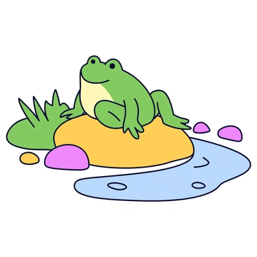 A green frog with smooth skin is sitting on a warm, smooth rock. The frog is basking in the sun, positioned comfortably with its legs tucked under its body. Next to the rock, a clear stream flows gently, with small ripples on the surface. Surrounding the scene are patches of green grass and a few pebbles scattered nearby. The sunlight casts soft shadows on the rock and highlights the vibrant color of the frog.