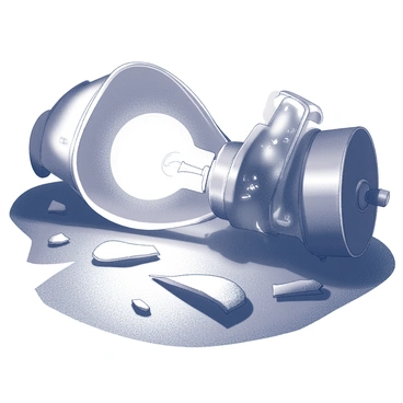 A broken lamp is lying on the ground, its base cracked and chipped. The lampshade is crumpled and partially detached, with the light bulb exposed. The light bulb is flickering weakly, casting intermittent shadows on the surrounding surface. Fragments of glass and metal are scattered around the base, indicating the damage. The surrounding area is dimly lit, with the soft glow from the lamp creating a stark contrast against the dark ground.
