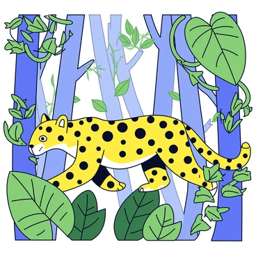 A stealthy jaguar with a sleek coat featuring dark rosettes is moving quietly through dense rainforest foliage. The jaguar's eyes are focused, reflecting the dappled light filtering through the leaves. Surrounding the jaguar are various green plants, large leaves, and vines interspersed among the trees. The background includes tall trunks and branches that create a sense of depth in the rainforest.