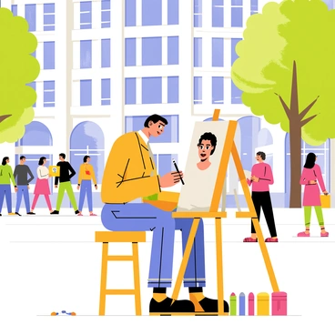 A street artist sitting on a wooden stool in a bustling city square. The artist is focused on sketching a portrait on a large pad. Surrounding the artist are colorful art supplies, including pencils and markers. In the background, there are various pedestrians walking by, some pausing to watch and admire the artwork. A tall building with large windows is visible behind the artist, along with trees lining the square. Sunlight shines brightly, casting soft shadows on the ground.