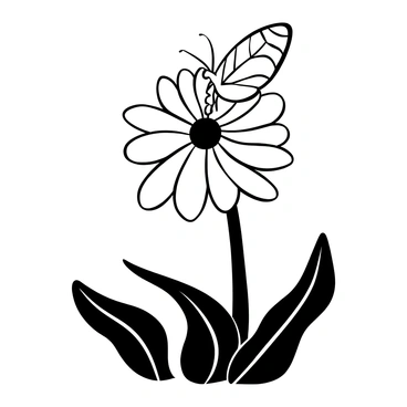 A delicate butterfly with intricately patterned wings perched on a calendula flower. The flower is fully bloomed, showcasing its distinct, layered petals. Surrounding the flower are large, textured green leaves that create a natural frame. The scene captures a moment of tranquility in nature, with the butterfly resting gently atop the vibrant flower.