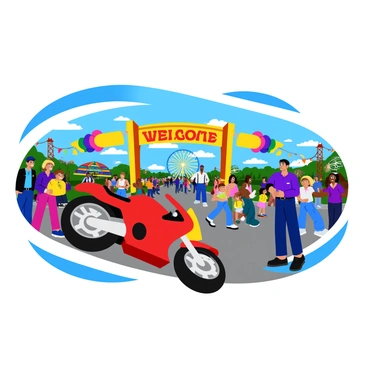 A red motorcycle lies on its side near the entrance of a bustling amusement park. There are colorful balloons and a large banner reading "Welcome to Funland" in the background. A crowd of people, including families with children and teenagers, are gathered around, some pointing and others looking concerned. A few park employees in uniforms are rushing towards the scene. Brightly colored rides, such as a Ferris wheel and a carousel, are visible behind the entrance, adding to the lively atmosphere of the park.