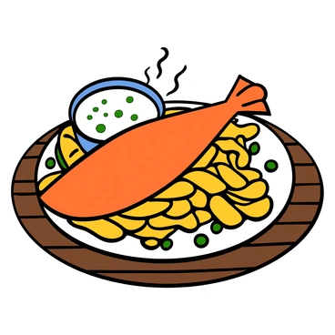 A plate of traditional English fish and chips served with tartar sauce and peas