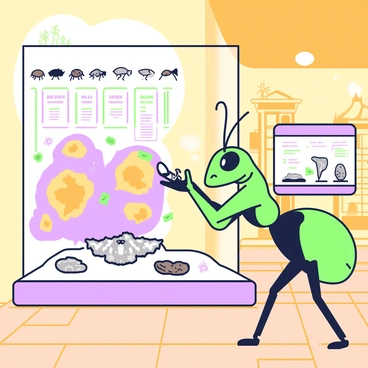 An ant is standing on its hind legs inside a museum, curating a collection of ant fossils displayed in a glass case. The ant has noticeable antennae and legs, and it is carefully examining a fossil with its front legs. Surrounding the ant are various fossils, each labeled with small tags, showcasing different ant species from various eras. The museum features a wall with a large, detailed timeline of ant evolution, and in the background, there are additional exhibits filled with natural history artifacts. The floor is covered with tiles, and warm light illuminates the scene, casting gentle shadows from the displayed fossils.