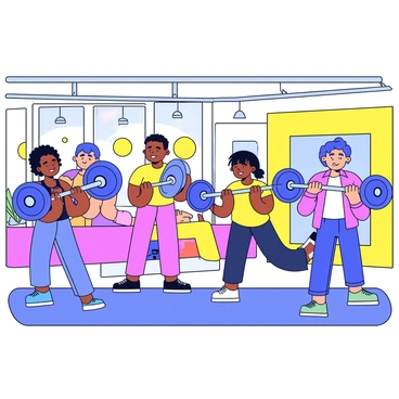 A diverse group of individuals lifting weights in a gym. There are three men and two women, each with different skin tones and hair types. The gym is bright and lively with various weightlifting equipment, including dumbbells, barbells, and weight benches. The walls are painted in bold colors, and large mirrors reflect the energetic atmosphere. Each person has a focused expression while they exercise, showcasing determination and strength.