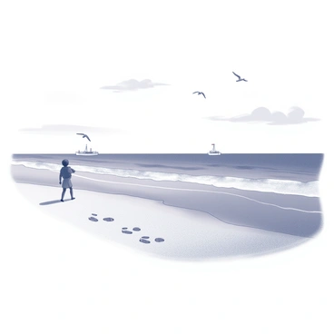 A beach scene depicting a sandy shore extending towards the horizon. The sky is clear, with a few clouds scattered above. Waves gently lap at the edges of the beach, creating a smooth rhythm. A solitary figure is walking along the water's edge, with the wind ruffling their clothes. The walker is gazing out at the ocean, with footprints trailing behind them in the sand. In the distance, silhouettes of distant boats can be seen on the water, while seagulls soar above. The scene evokes a sense of tranquility and solitude.