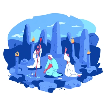 A blue circle of standing stones is set against a twilight sky, illuminated by flickering orange torches placed around the circle. In the center of the stone circle, a group of figures dressed in flowing white robes is gathered, their hands raised towards the sky. One figure is holding a red ceremonial staff, while another is kneeling, placing a small white offering on the ground. The atmosphere is filled with a sense of focus as they perform their ancient ritual. The stones are moss-covered, adding a sense of history and age to the scene.
