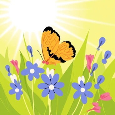 A delicate butterfly with intricate patterns in shades of orange and black is resting on a vibrant bluebonnet flower. The bluebonnet has deep blue petals with white accents and sits among lush green grass. Sunlight bathes the scene, casting gentle shadows and highlighting the textures of the meadow. Other wildflowers in various colors can be seen in the background, creating a lively and natural setting.