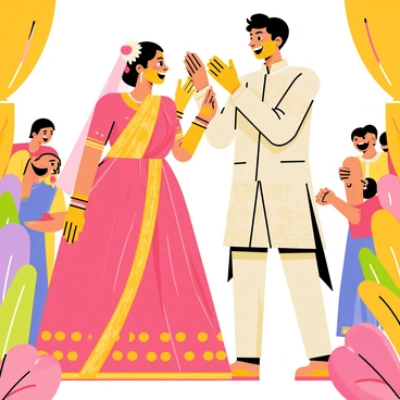 A bride and groom covered in bright yellow haldi are standing together, both smiling widely. The bride is wearing a traditional red and gold lehenga, and her hair is adorned with white flowers. The groom is dressed in a cream-colored sherwani embellished with intricate patterns. Their hands are playfully smearing haldi on each other’s faces, while friends and family in the background laugh and cheer. Colorful decorations and floral arrangements surround the couple, adding to the festive atmosphere of the ceremony.