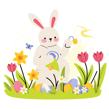 An Osterhase tending to a blooming spring garden with flowers and Easter eggs hidden among the plants