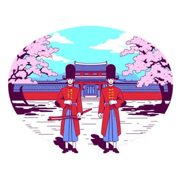 A panoramic view of Gyeongbokgung Palace, showcasing its grand architectural features and vibrant colors. In the foreground, two guards in traditional attire stand proudly, wearing red and blue outfits with intricate patterns. They hold ceremonial weapons and wear tall hats, presenting a striking contrast against the palace's backdrop. The palace's ornate roofs and detailed carvings are visible, framed by blooming cherry blossom trees, adding a touch of nature to the scene. The sky above is clear, enhancing the overall beauty of this historical site.