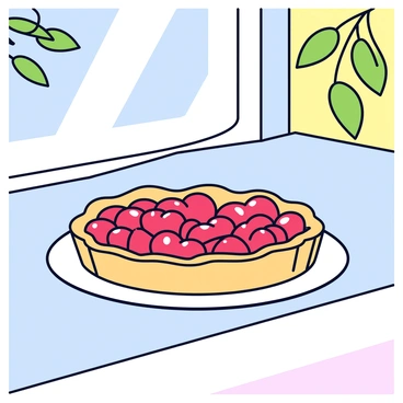 A freshly baked cherry tart with a golden-brown crust sits cooling on a kitchen windowsill. The tart is filled with glistening red cherries, creating a vibrant contrast against the crust. It is placed on a simple white plate. The sunlight streams in through the window, casting soft shadows on the countertop. Outside the window, green leaves of a tree can be seen gently swaying in the breeze.