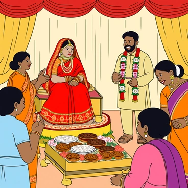 A vibrant Bengali wedding ceremony is in full swing, with guests dressed in colorful traditional attire. The bride, adorned in an elaborate red and gold saree, sits on a beautifully decorated platform, featuring intricate floral arrangements. She wears heavy gold jewelry, including a maang tikka and bangles, and has a delicate red and white flower garland around her neck. The groom, dressed in a cream-colored dhoti and a kurta, stands beside her, smiling at the guests. 

Around them, family members are engaged in traditional rituals, such as the exchanging of rings and the lighting of ceremonial lamps, surrounded by rich fabrics draped throughout the venue. A table filled with sweets and traditional Bengali dishes is nearby, showcasing an array of colorful treats. Intricate patterns of henna adorn the hands of the bride and her friends, adding to the festive atmosphere. The background features soft drapes in shades of gold and crimson, enhancing the celebratory ambiance.