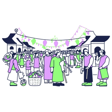 An ancient Chinese town square is filled with a crowd of people engaged in various activities during the Boxer Rebellion. In the foreground, a group of men dressed in traditional clothing is gathered, discussing passionately while holding scrolls and wooden staffs. To the left, a woman is selling goods from a woven basket, which contains fruits and vegetables. Behind her, a small group of children is playing with a spinning top. In the background, traditional Chinese architectural buildings with curved roofs frame the square, and banners are seen hanging across pathways. The atmosphere is lively, capturing the essence of a moment in history.