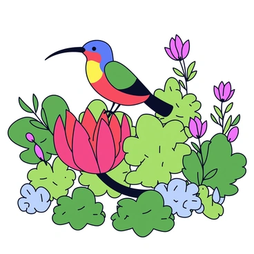 A colorful Cape Sugarbird with a long, curved beak is perched on a bright red protea flower. The flower has large, spiky petals radiating outward. Surrounding the sugarbird and the protea is a lush fynbos environment filled with various green shrubs and small flowering plants. The background is vibrant with shades of green, accentuated by hints of other blossoms in pink and white.