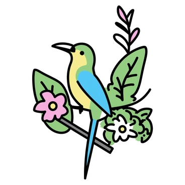A colorful Malaysian bird of paradise, with vibrant plumage featuring shades of green, blue, and yellow, perched on a branch. The bird has a long, elegant tail that elegantly trails behind it. Surrounding the bird, there is a lush tropical setting filled with large green leaves and vibrant flowers. The background includes hints of other tropical plants, creating a dense and lively environment.