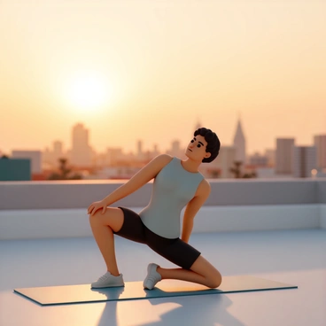 A person performing fire hydrant exercises at sunrise on a rooftop with a city skyline view
