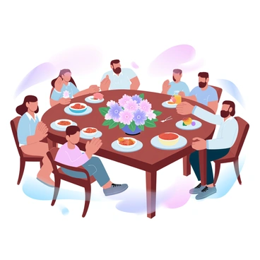 A large wooden table is set for a family dinner, adorned with a variety of colorful dishes, including bowls of food and plates. At the center of the table is an elegant arrangement of flowers in vibrant hues, creating a focal point. Surrounding the table are chairs, some of which are occupied by family members, indicating a lively gathering. Soft light illuminates the scene, enhancing the warm atmosphere of togetherness.