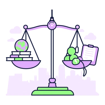 Scales of justice unbalanced, with various objects representing societal issues