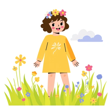 A young girl with curly brown hair is wearing a crown made of multicolored wildflowers, including daisies, poppies, and clover. She is smiling and standing in a sunny meadow filled with tall green grass and patches of vibrant wildflowers. The sunlight is bright, casting soft shadows on the ground. In the background, there are a few fluffy white clouds in a blue sky, adding to the cheerful atmosphere of the scene.