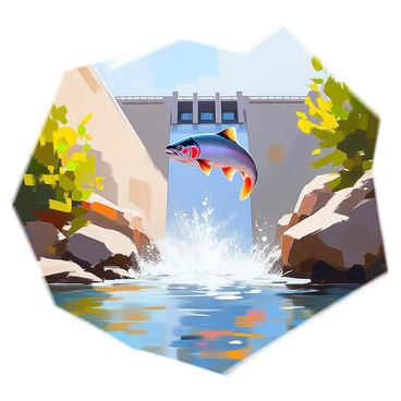 A salmon with shiny scales is leaping upward through a fish ladder adjacent to a large hydropower dam. The fish is captured mid-jump, water splashing around it as it makes its ascent. The dam is imposing in the background, constructed from concrete with visible turbines and spillways. The scene includes green foliage and rocks framing the fish ladder, while the flowing water reflects sunlight, adding dynamic movement to the image.