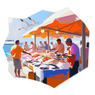 A bustling fish market set by the docks filled with vendors selling fresh seafood. Various stalls display an array of marine delicacies, including shiny fish, crabs, and shrimp, all on ice to keep them fresh. Several vendors are interacting with customers, some weighing fish on scales, while others are arranging their catches. The atmosphere is lively, with people chatting, and the sounds of seagulls can be heard in the background. Brightly colored tarps cover the stalls, and sunlight glints off the water nearby, creating a vibrant market scene.