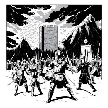 A dramatic scene depicting the "Battle of Helm's Deep" under a tumultuous sky filled with dark clouds swirling ominously. In the foreground, a group of warriors in battle armor wield swords and shields, their expressions showing determination amidst the chaos. A towering stone fortress stands behind them, with arrows flying through the air, some striking the stone walls. Rain pours down, creating puddles on the ground, while flashes of lightning illuminate the scene. In the background, silhouettes of more warriors can be seen clashing, and the sound of thunder echoes through the battleground.