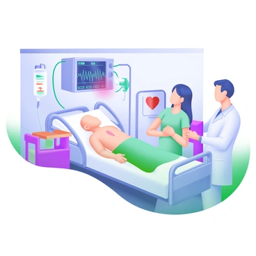 A hospital room scene featuring a patient lying on a hospital bed. The patient has a pale complexion and is connected to a heart monitor that displays a flatline, with the beeping sound indicated visually by a red light pulsing above the screen. Two medical professionals are positioned beside the bed, one performing chest compressions and the other preparing to administer an emergency response. Medical equipment, such as intravenous bags and a defibrillator, are visible in the background. The room is illuminated with soft, clinical lighting, emphasizing the urgency of the situation.