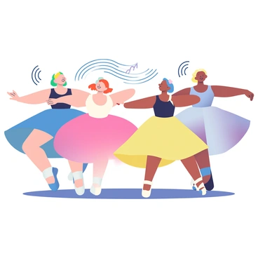 A group of ballet dancers is twirling gracefully on a dimly lit stage. Each dancer wears a different colored tutu; one dancer in a blue tutu, another in a pink one, and a third in yellow, creating a vibrant display. Their arms are extended elegantly as they perform intricate movements. Surrounding them, sound waves are visually represented in soft curves and lines, emanating from a central point and shaping their movements. The background has a gradient of deep purple fading into a lighter lavender, enhancing the dynamic feel of the scene. The dancers' expressions are focused and passionate, capturing the essence of their performance.