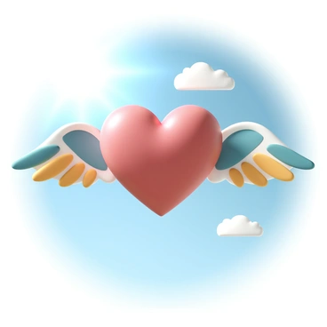A large heart, painted in vibrant red, is adorned with large, colorful wings that feature patterns of blue, yellow, and green. The wings are outstretched wide, giving an impression of grace and freedom. The heart is positioned in the center of the image, soaring high above a bright blue sky dotted with fluffy white clouds. Sunlight filters through, enhancing the vivid colors of the heart and wings, creating a cheerful scene.