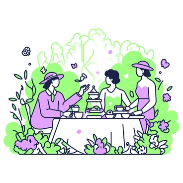 A group of elegantly dressed people is gathered around a beautifully set table for an afternoon tea party in a lush garden. The table is adorned with fine china teacups, plates of pastries, and a tiered stand filled with delicate sandwiches. Each person is dressed in stylish attire, with some wearing hats adorned with flowers. Surrounding them are vibrant green plants and colorful blooming flowers, creating a lively atmosphere. A gentle breeze rustles through the leaves, and a few butterflies flutter nearby. The sunlight filters through the trees, casting soft shadows on the gathering.