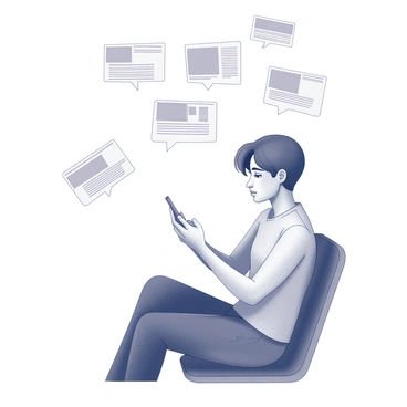 A person sitting comfortably, holding a smartphone in their right hand while scrolling through the screen. The left hand rests on their lap. Above the smartphone, several geometrically shaped news bubbles are floating, each containing various "biased headlines." The person has a focused expression, and their surroundings include a simple chair and an unadorned wall in the background. The scene captures the interaction between the individual and the device, emphasizing the influence of media on their attention.
