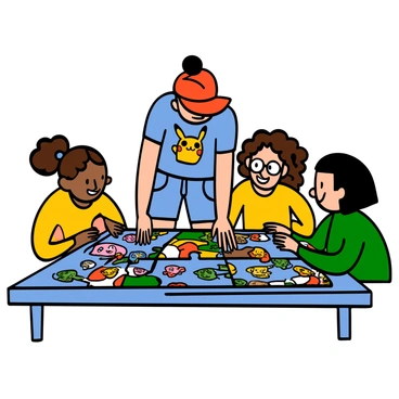 A trainer with light skin and short black hair is focused on solving a Pokémon-themed puzzle at a community event. They are surrounded by friends, who are also engaged in the activity. The trainer is wearing a red cap, a blue t-shirt featuring a Pikachu design, and denim shorts. The friends include a girl with curly brown hair wearing glasses and a yellow top, and a boy with straight black hair wearing a green shirt. Colorful Pokémon characters are visible on the puzzle pieces scattered on a large table. Everyone is smiling and appearing excited as they work together to complete the puzzle.