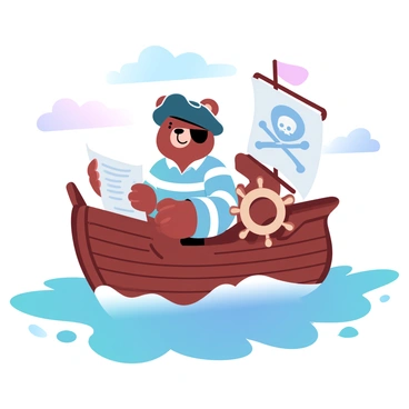 A bear wearing a pirate hat and a striped shirt is confidently steering a ship on the open sea. The bear has one paw on the ship's wheel, while the other paw holds an old-fashioned map. The ship is crafted from wood, with sails billowing in the wind, displaying a skull and crossbones emblem. The sea is a gradient of deep blues and light teals, with gentle waves creating a soothing motion. In the background, there are distant islands and fluffy clouds scattered across the sky.