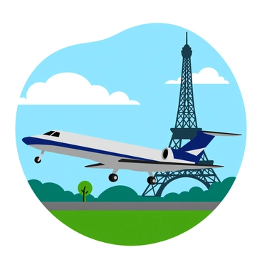A sleek private jet is descending toward a runway with its landing gear deployed. The jet features a shiny silver fuselage with dark blue accents. In the background, the iconic Eiffel Tower rises prominently amidst a clear blue sky, framed by fluffy white clouds. Below, a lush green park contrasts with the urban landscape, and a few small trees dot the foreground. The scene captures the moment just before the jet touches down, emphasizing the juxtaposition of luxury travel against a famous landmark.